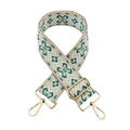 Close-up of geometric jacquard pattern on adjustable shoulder strap with gold metal hooks - Beige Peacock Green