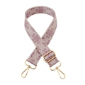 Detail of light purple geometric jacquard woven bag strap with gold metal lobster clasps - Beige and Purple