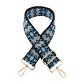 Close-up of jacquard geometric pattern bag strap with polished gold lobster clasps - Black Water Blue