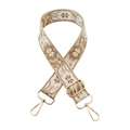 Detail eines ethnischen Stickereigurts mit goldenen Metalldrehverschlüssen für Taschen - Goldschnalle / Beige Basis Khaki