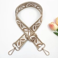 Detail of jacquard embroidered guitar-style bag strap with gold lobster clasps and tulips - Gold Buckle / Style 3-Beige & Khaki