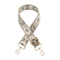 Close-up of vintage floral jacquard bag strap with gold metal lobster clasps and buckles - 11-Beige Base Dark Grey
