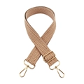Macro detail of 3.8cm wide jacquard strap with herringbone weave and gold metal hardware - Tan