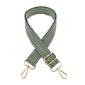Detail of 3.8cm green herringbone woven bag strap with polished gold swivel snap hooks - Dark Green