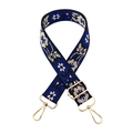 Close-up of ethnic floral jacquard strap with golden metal swivel hooks and adjuster - 31-Black Base Royal Blue