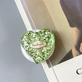Macro detail of heart-shaped phone grip with green glitter and handmade metal plaque - Magnetic Colorful Sequin Heart Style No.11