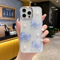 Detailed close-up of blue 3D bow and pearl ornaments on iPhone silver electroplated case - iPhone 7/8/SE 2020 / Dark Blue