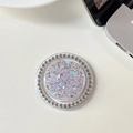 Detailed view of silver phone grip with pink glitter, star sequins and crystal rhinestones - Magnetic - White Rhinestone - Starry Sequins - Round - Brown Purple
