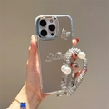 Mirror iPhone case with silver rhinestone butterfly, Queen logo and pearl wrist strap - Mirror Queen Butterfly + Card + Crystal Diamond Chain (iPhone 17Promax)