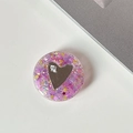 Detail of pink glitter resin phone grip with silver heart and mine text on white surface - Transparent Stand - Colorful Sequins Heart Mirror - No. 8