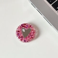 Macro view of pink glitter phone grip featuring a silver mirror heart with mine text - Transparent Stand - Colorful Sequins Heart Mirror - No. 9
