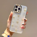 Clear glitter phone case for iPhone with 3D gold bow and metallic bead decorations - Transparent Gold Bowknot (Drip Glue Glitter) / iPhone 17 Pro Max