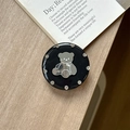 Detail of a round black phone grip with a silver bear mirror and sparkling rhinestones - Transparent Stand - Jelly Bear Mirror - Black