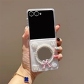 Detail view of foldable phone case with mirror, pearls, pink bow and white roses - Matte Hard Shell White Glitter Drip Glue Butterfly Flower Mirror / Samsung ZFlip3