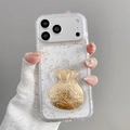 Dettaglio custodia iPhone trasparente con foglia d'oro, sacchetto fortuna 3D e monete - Sacchetto della Fortuna / iPhone 17 Pro Max
