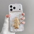 Dettaglio custodia iPhone trasparente con scaglie di foglia d'oro e figura 3D Caishen - Dio della Ricchezza / iPhone 17 Pro Max