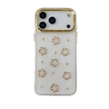 Funda iPhone con flores doradas y corazón, brillo plateado y marco TPU transparente - Flor Calada Dorada / iPhone 17 Pro Max