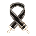 Close-up of adjustable black and white striped 5cm bag strap with gold metal hooks - Black & White Stripes