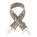 Detail of bohemian paisley embroidery on cream canvas wide adjustable bag strap with gold hooks - Beige with Light Gray Black Paisley