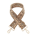 Close-up of adjustable paisley jacquard wide bag strap with light gold metal lobster hooks - Beige with Brown Coffee Paisley