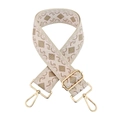 Close-up of geometric diamond jacquard strap with gold metal swivel hooks and buckles - Beige Base Pink Khaki