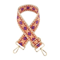 Detail of colorful geometric woven bag strap with golden metal swivel hooks and buckles - Beige Base Purple Orange