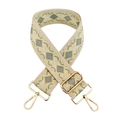 Close-up of geometric diamond jacquard wide shoulder strap with gold metal hardware - Beige Base Grey Yellow