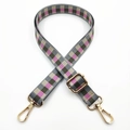 Detail of adjustable checkered bag strap with gold swivel hooks in multi-color weave - Gold Buckle / Grey Pink