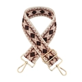 Close-up of geometric jacquard bag strap with vintage pattern and gold metal hooks - Beige Base Nude Pink Brown