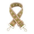 Detail of colorful geometric diamond pattern woven bag strap with gold lobster clasps - Beige Base Brown Grass Green