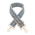 Detail view of ethnic geometric jacquard bag strap with golden metal swivel hooks - Beige Base Blue Khaki