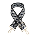Close-up of geometric diamond pattern on thick ethnic jacquard strap with gold metal hooks - Black White Blue