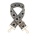 Close-up of geometric pattern wide strap with polished golden metal hooks and buckles - 39-Grey Base Black Beige