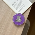 Purple round phone grip with rhinestone border and silver mirror bear center - Transparent Stand - Jelly Bear Mirror - Deep Purple