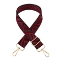 Close-up of 3.8cm wide woven guitar strap with red and black geometric pattern and gold clips - Gold Buckle / Black Wine Red