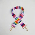 Detail view of rainbow striped shoulder strap with adjustable golden metal buckles and hooks - Rainbow Stripe Gold Buckle