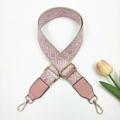 Detail of pink geometric jacquard bag strap with gold metal buckles and tulip decoration - Beige Pink + Pink Leather