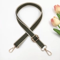 Macro detail of olive green jacquard bag strap with geometric pattern and gold clasps - Army Green With Beige Edge
