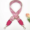 Detail of colorful jacquard strap with geometric diamond patterns and golden metal buckles - Beige Rose Red + Rose Red Leather