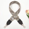 Detail of colorful jacquard wide bag strap with brown leather and gold buckles - Beige Brown + Coffee Leather