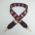 Detail of geometric ethnic bag strap with leather ends and golden metal snap hooks - Coffee Rhombus With Coffee Leather End