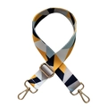 Detail of adjustable bag strap with yellow and grey geometric pattern and gold hooks - Geometric Patchwork with Gold Buckle