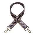 Close-up of bohemian wave patterned adjustable wide bag strap with gold metal buckles - Pink Webbing with Gold Buckle