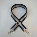 Adjustable black shoulder strap with silver woven patterns and gold metal hooks - No. 7 Black Silver Thread