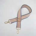 Detail of adjustable striped bag strap with premium gold metal lobster clasps and buckles - Gray