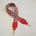 Macro shot of red and blue geometric tribal pattern strap with gold metal hooks - Dazzling Red Leather