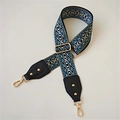 Macro detail of bohemian geometric print strap with gold metal buckle and leather - Blue Plaid Black Leather