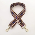 Close-up of geometric patterned colorful bag strap with golden swivel metal hooks - Rail Pattern