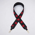 Black fabric shoulder strap with red heart embroidery and gold lobster clasps - Silver Clasp / Heart Black