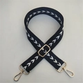 Adjustable wide replacement shoulder strap with white geometric embroidery and gold hardware - Black